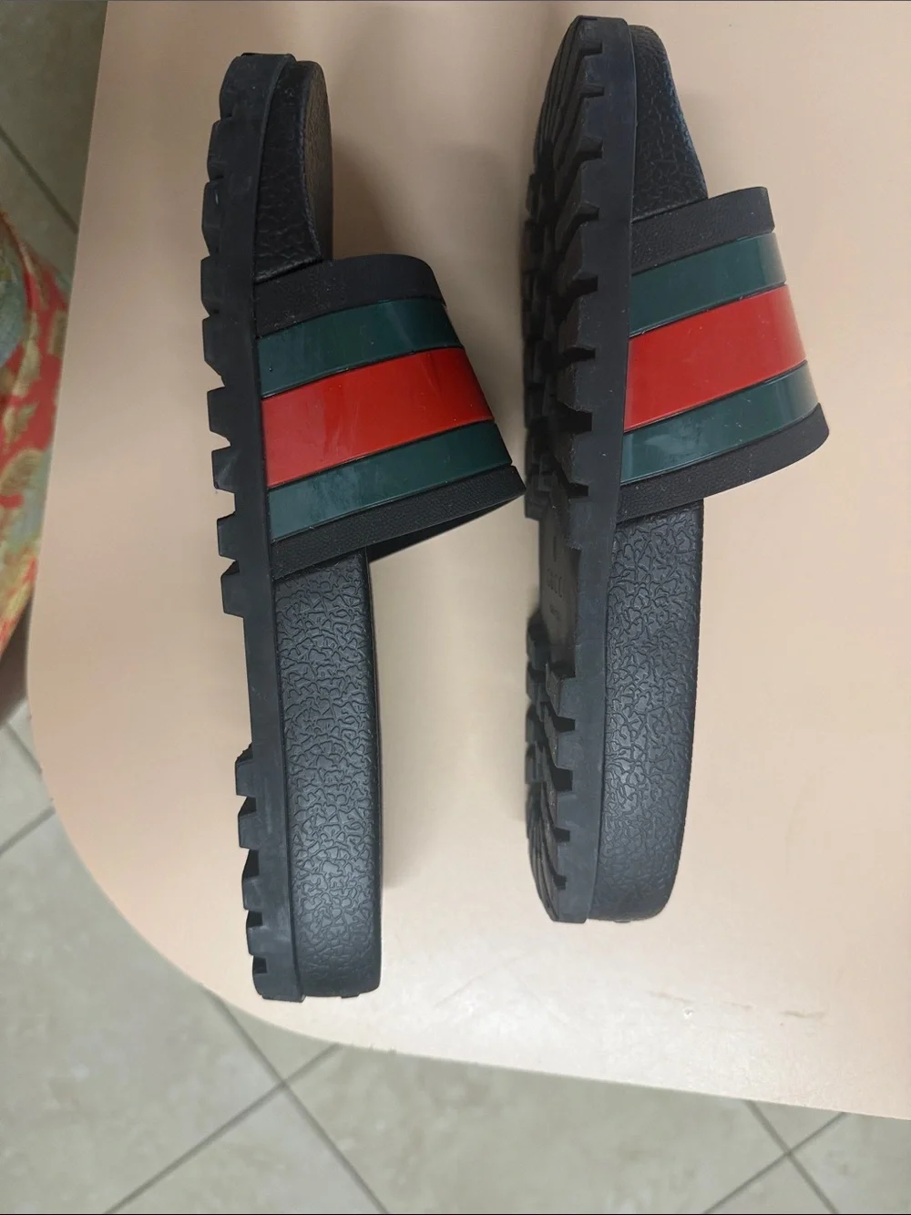Gucci Black Slide Sandals with Red and Green Stripes